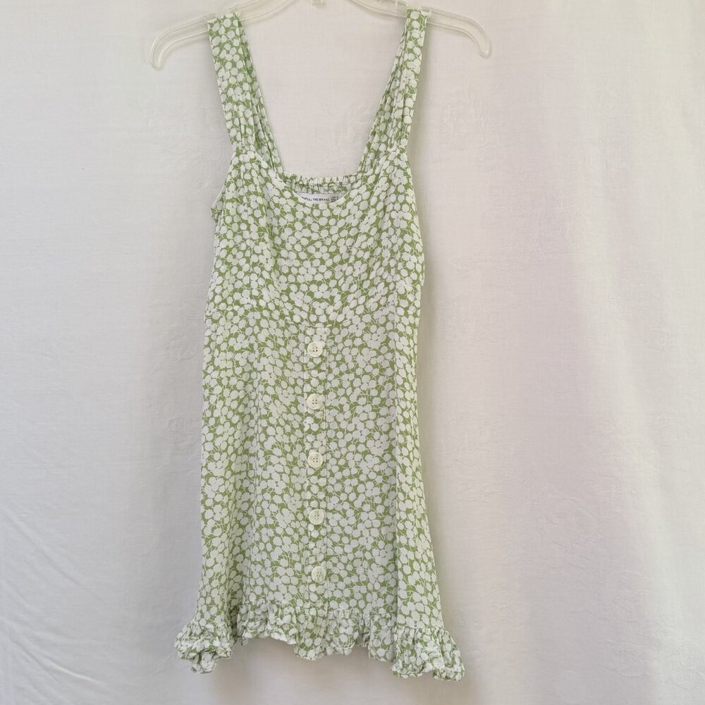 Faithfull the Brand Lou Lou Mini Dress Womens 4 Avocado Green Floral Ruffled Hem